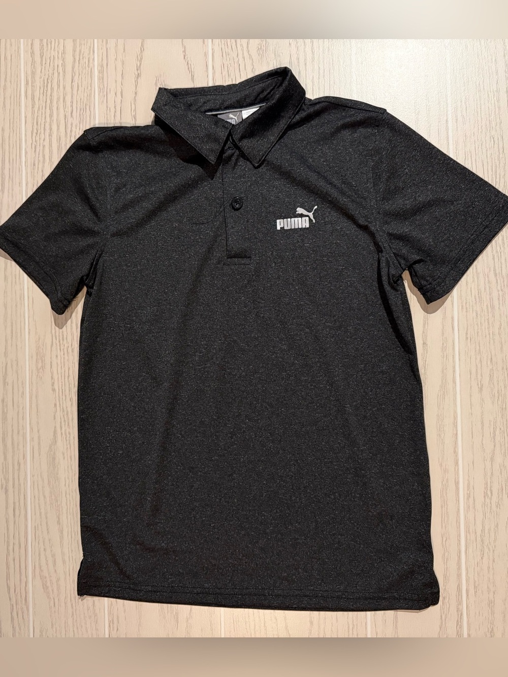 PUMA Boys M 10-12 Black Heather Short Sleeve Performance Polo Shirt Preppy